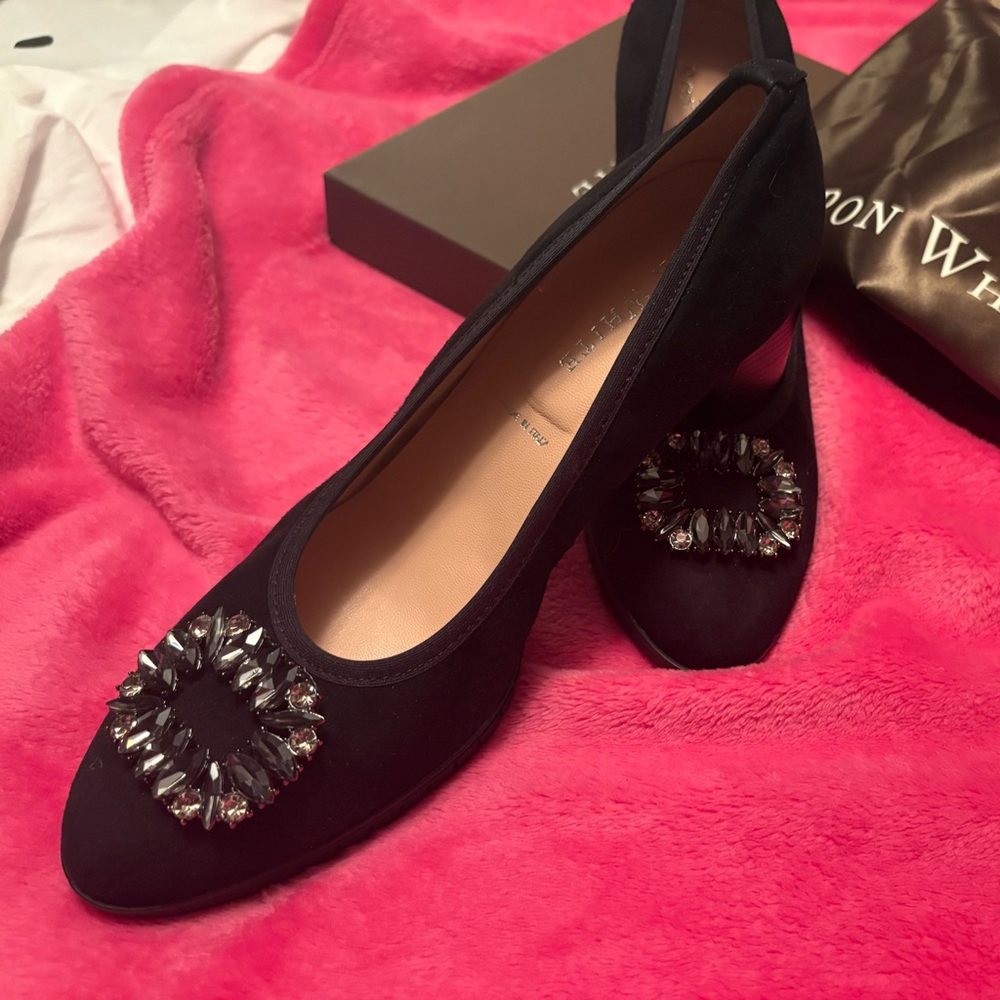 Ron White Elegant Black suede Women's shoes with rhinestone buckle.